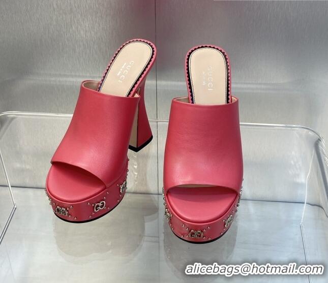 Unique Discount Gucci Leather Platform Slide Sandal 15.5cm with Interlocking G Studs Pink 620049