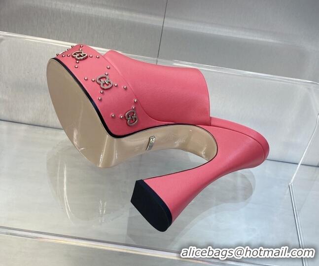 Unique Discount Gucci Leather Platform Slide Sandal 15.5cm with Interlocking G Studs Pink 620049