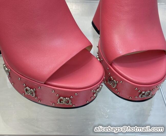 Unique Discount Gucci Leather Platform Slide Sandal 15.5cm with Interlocking G Studs Pink 620049