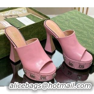 Traditional Discount Gucci Leather Platform Slide Sandal 15.5cm with Interlocking G Studs Pink 620050