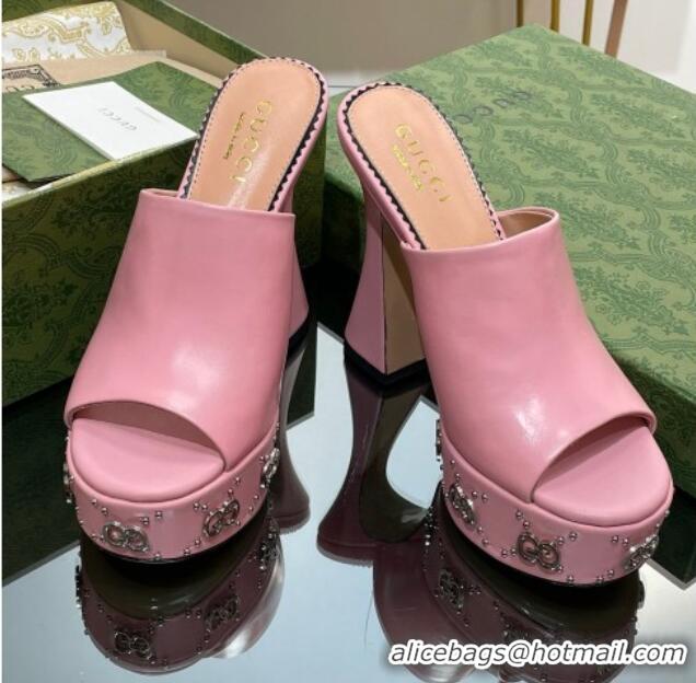 Traditional Discount Gucci Leather Platform Slide Sandal 15.5cm with Interlocking G Studs Pink 620050