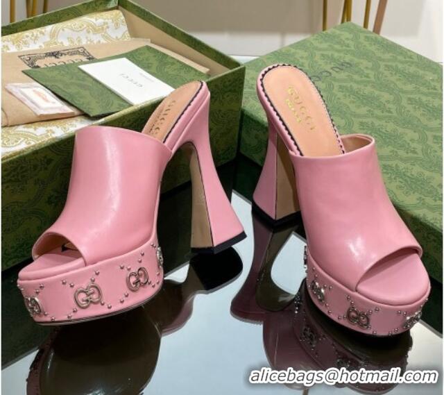 Traditional Discount Gucci Leather Platform Slide Sandal 15.5cm with Interlocking G Studs Pink 620050