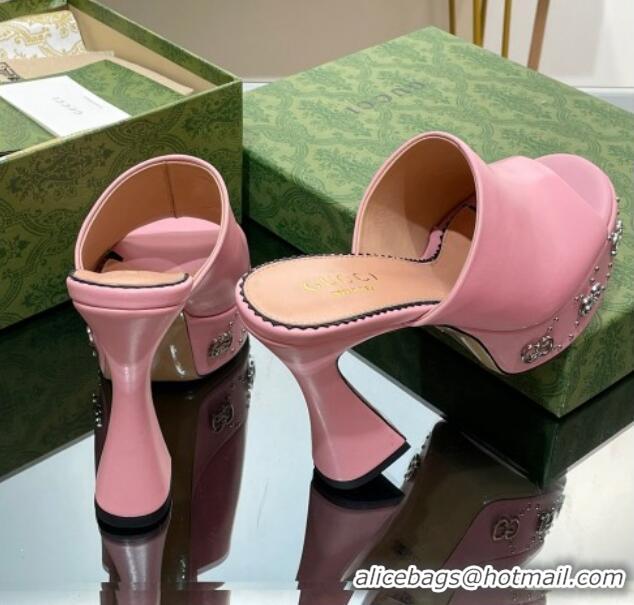 Traditional Discount Gucci Leather Platform Slide Sandal 15.5cm with Interlocking G Studs Pink 620050