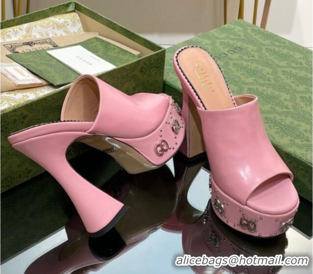 Traditional Discount Gucci Leather Platform Slide Sandal 15.5cm with Interlocking G Studs Pink 620050