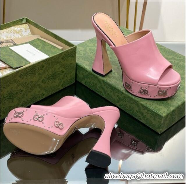 Traditional Discount Gucci Leather Platform Slide Sandal 15.5cm with Interlocking G Studs Pink 620050