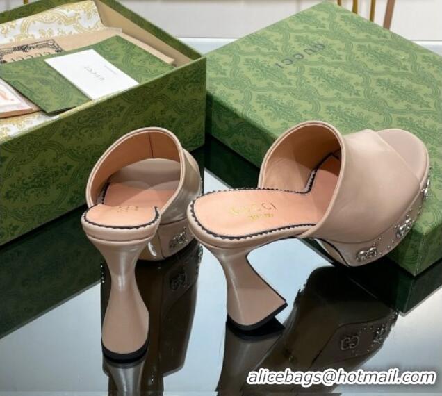 Trendy Design Gucci Leather Platform Slide Sandal 15.5cm with Interlocking G Studs Beige 620052