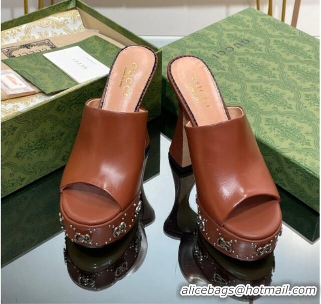 Lower Price Gucci Leather Platform Slide Sandal 15.5cm with Interlocking G Studs Brown 620053