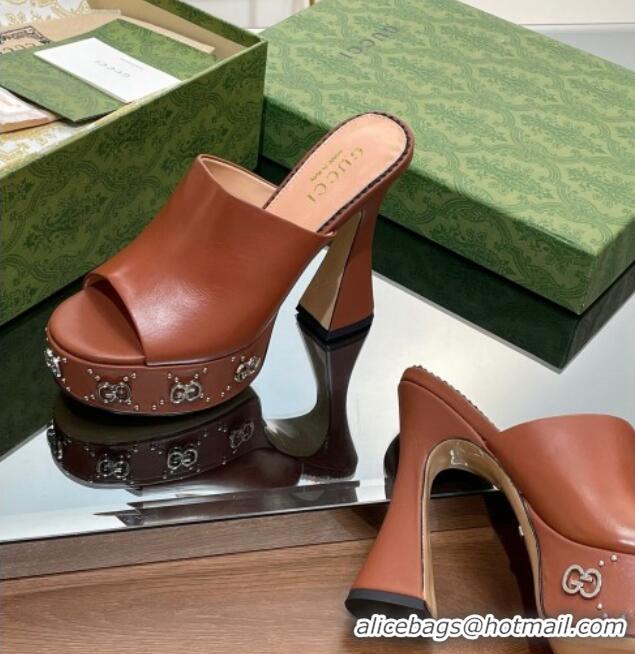 Lower Price Gucci Leather Platform Slide Sandal 15.5cm with Interlocking G Studs Brown 620053