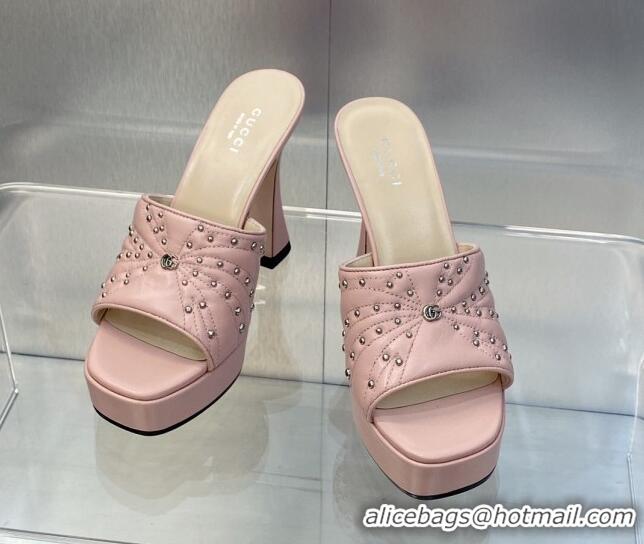 Big Discount Gucci Leather Platform Slide Sandal 11.5cm with GG and Studs Light Pink 620055