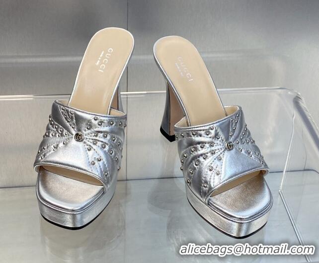 Good Quality Gucci Leather Platform Slide Sandal 11.5cm with GG and Studs Silver 620056