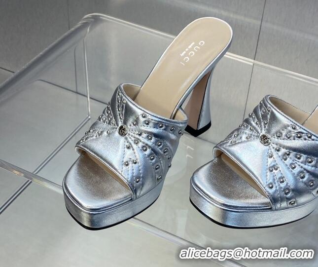 Good Quality Gucci Leather Platform Slide Sandal 11.5cm with GG and Studs Silver 620056