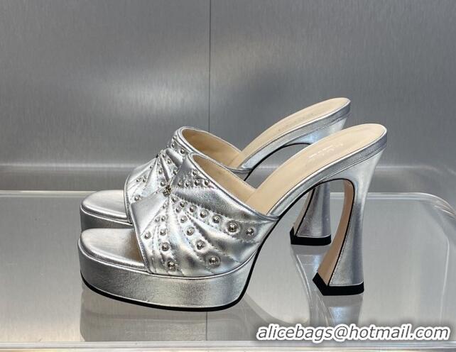 Good Quality Gucci Leather Platform Slide Sandal 11.5cm with GG and Studs Silver 620056