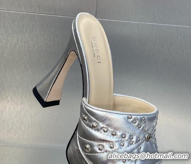 Good Quality Gucci Leather Platform Slide Sandal 11.5cm with GG and Studs Silver 620056