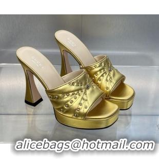 Buy Luxury Gucci Leather Platform Slide Sandal 11.5cm with GG and Studs Gold 620058