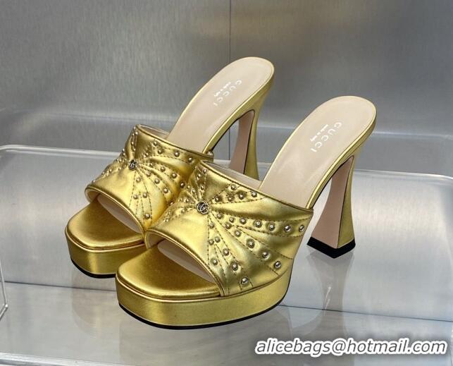 Buy Luxury Gucci Leather Platform Slide Sandal 11.5cm with GG and Studs Gold 620058