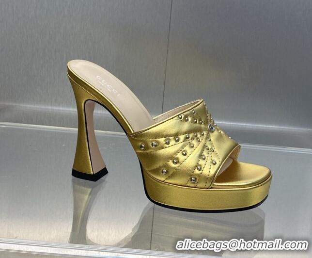 Buy Luxury Gucci Leather Platform Slide Sandal 11.5cm with GG and Studs Gold 620058