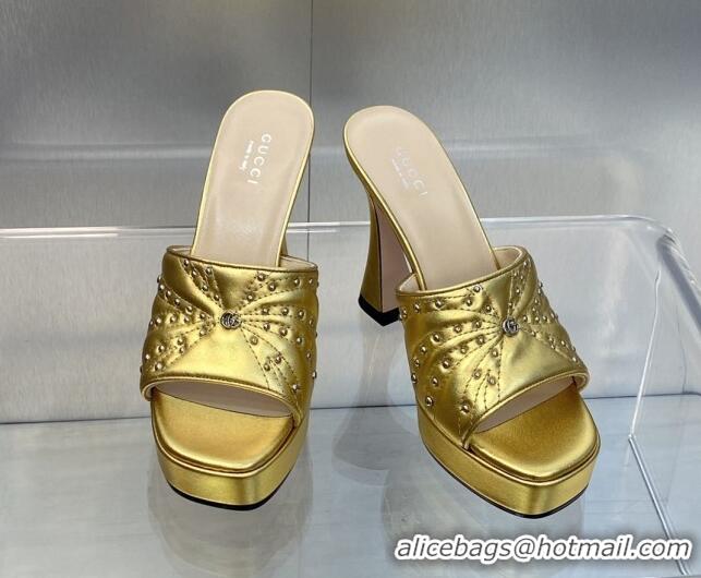 Buy Luxury Gucci Leather Platform Slide Sandal 11.5cm with GG and Studs Gold 620058