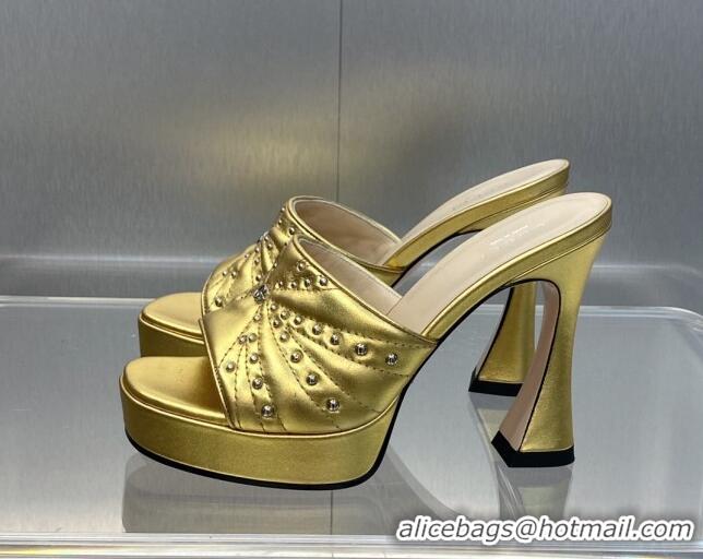 Buy Luxury Gucci Leather Platform Slide Sandal 11.5cm with GG and Studs Gold 620058