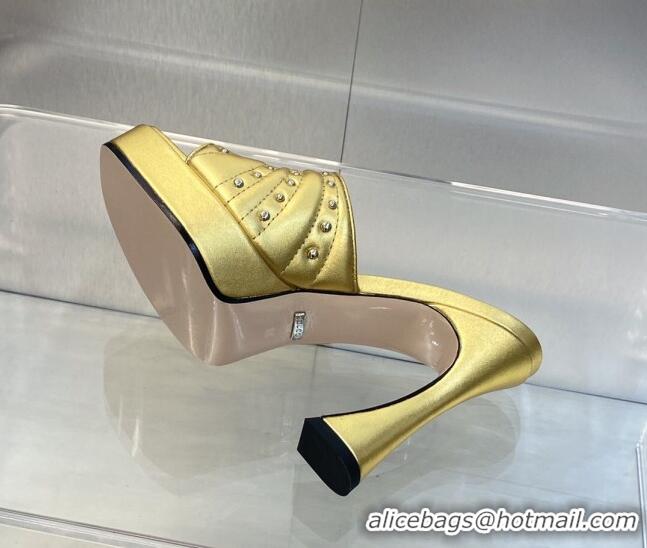 Buy Luxury Gucci Leather Platform Slide Sandal 11.5cm with GG and Studs Gold 620058