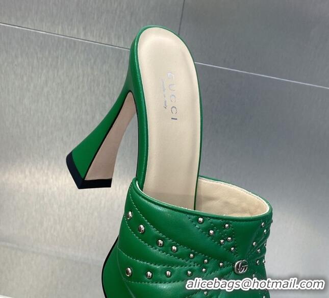 Stylish Gucci Leather Platform Slide Sandal 11.5cm with GG and Studs Green 620060