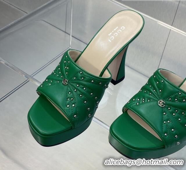 Stylish Gucci Leather Platform Slide Sandal 11.5cm with GG and Studs Green 620060