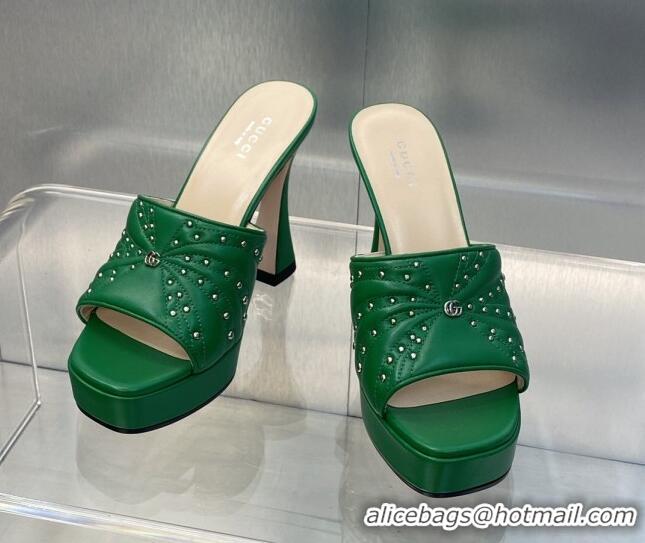 Stylish Gucci Leather Platform Slide Sandal 11.5cm with GG and Studs Green 620060