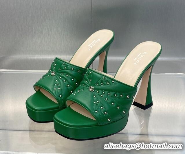 Stylish Gucci Leather Platform Slide Sandal 11.5cm with GG and Studs Green 620060