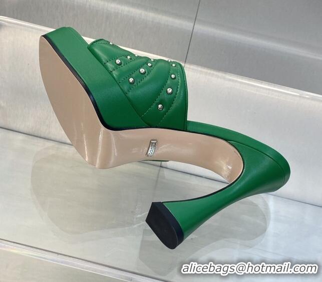 Stylish Gucci Leather Platform Slide Sandal 11.5cm with GG and Studs Green 620060