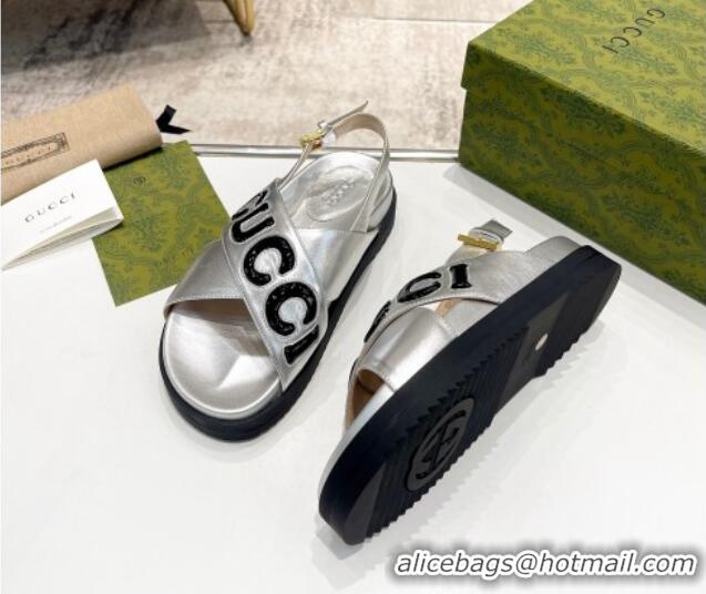 Stylish Gucci Leather Strap Sandals with Gucci Script Silver 620061