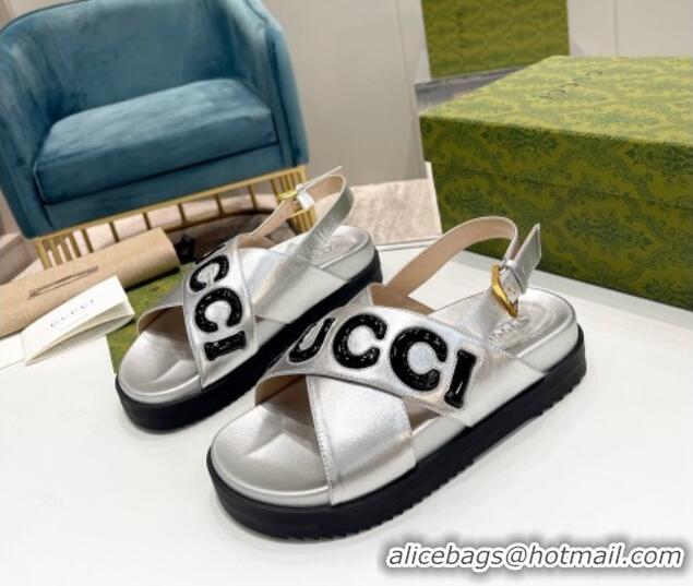 Stylish Gucci Leather Strap Sandals with Gucci Script Silver 620061