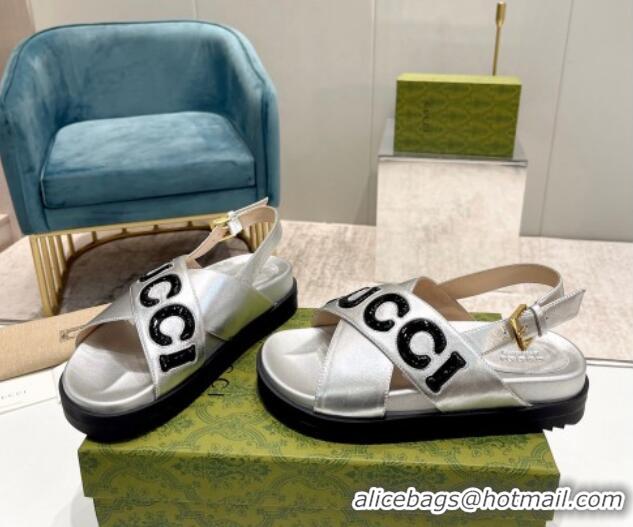 Stylish Gucci Leather Strap Sandals with Gucci Script Silver 620061