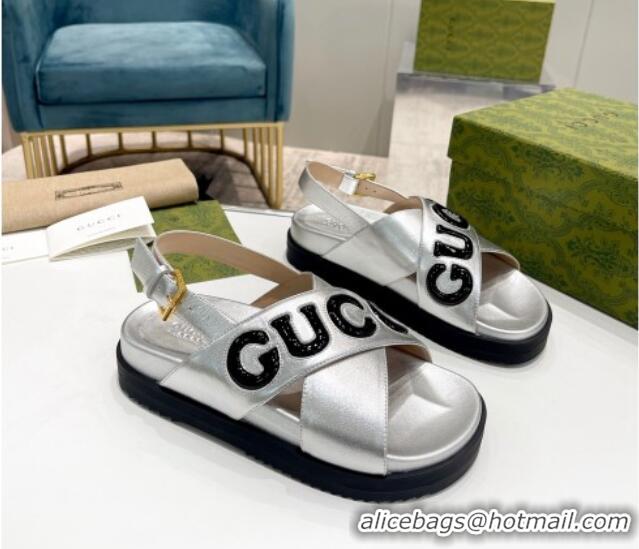 Stylish Gucci Leather Strap Sandals with Gucci Script Silver 620061