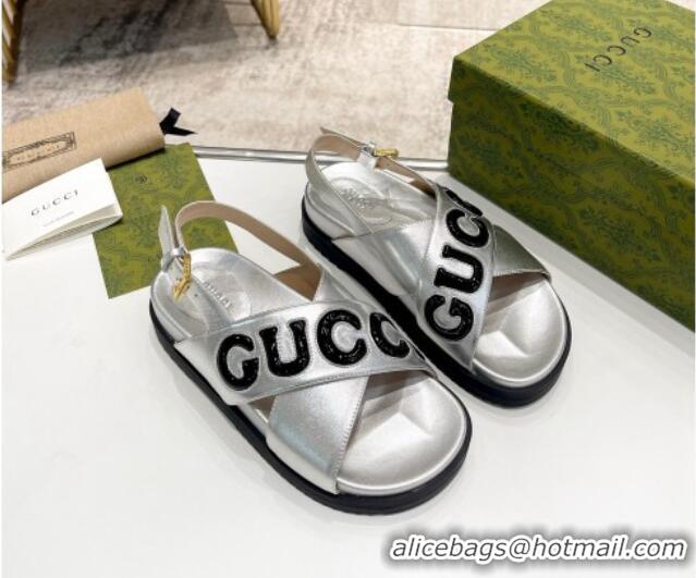 Stylish Gucci Leather Strap Sandals with Gucci Script Silver 620061