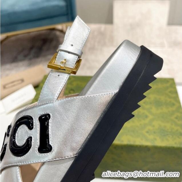 Stylish Gucci Leather Strap Sandals with Gucci Script Silver 620061