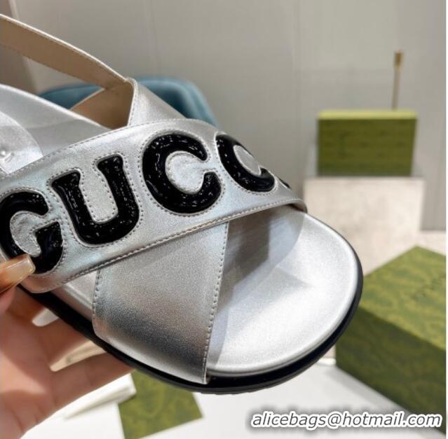 Stylish Gucci Leather Strap Sandals with Gucci Script Silver 620061