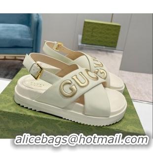 Best Price Gucci Leather Strap Sandals with Gucci Script White 620081