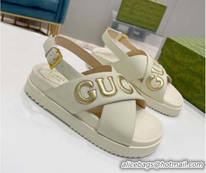 Best Price Gucci Leather Strap Sandals with Gucci Script White 620081