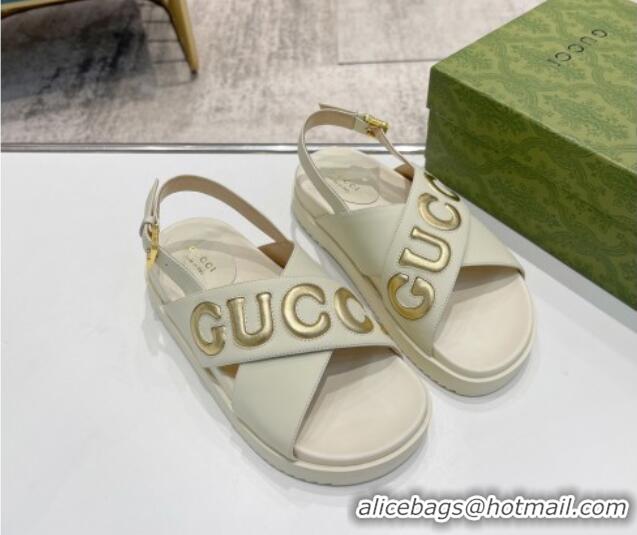 Best Price Gucci Leather Strap Sandals with Gucci Script White 620081