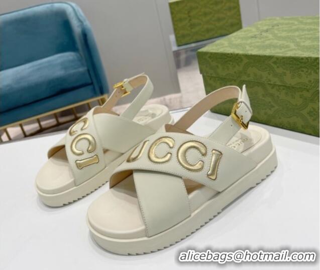 Best Price Gucci Leather Strap Sandals with Gucci Script White 620081