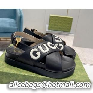 Best Grade Gucci Leather Strap Sandals with Gucci Script Black 620062