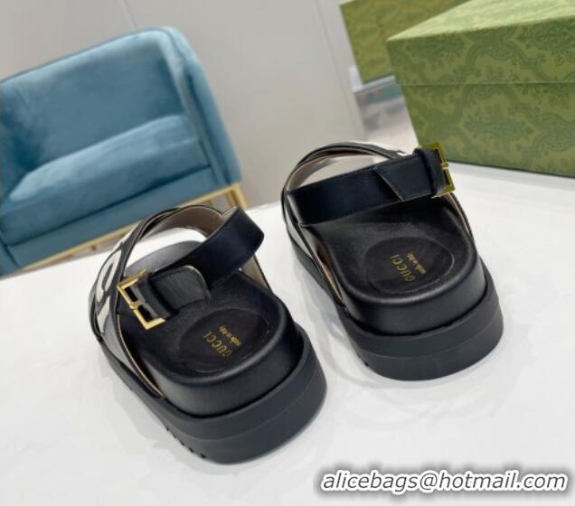 Best Grade Gucci Leather Strap Sandals with Gucci Script Black 620062