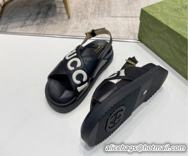 Best Grade Gucci Leather Strap Sandals with Gucci Script Black 620062