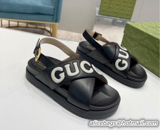 Best Grade Gucci Leather Strap Sandals with Gucci Script Black 620062