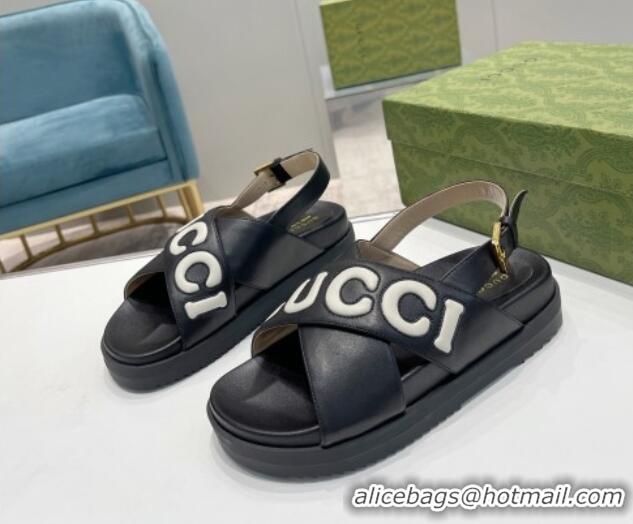 Best Grade Gucci Leather Strap Sandals with Gucci Script Black 620062