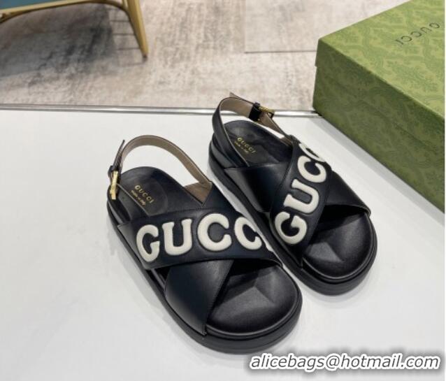 Best Grade Gucci Leather Strap Sandals with Gucci Script Black 620062