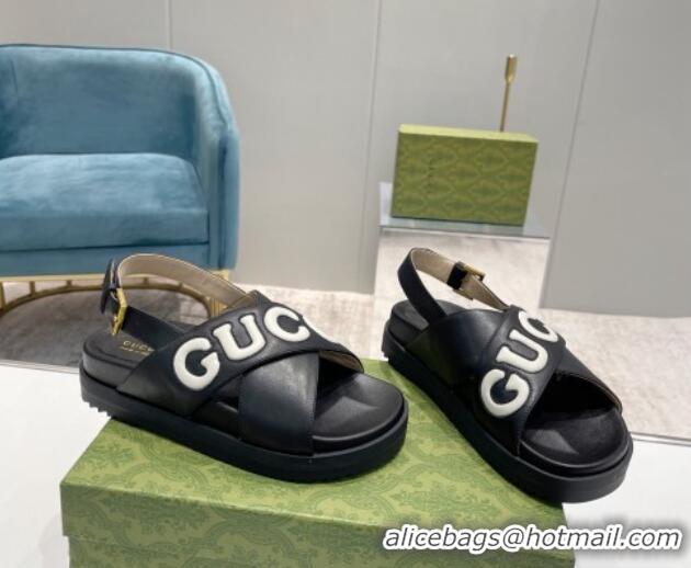 Best Grade Gucci Leather Strap Sandals with Gucci Script Black 620062