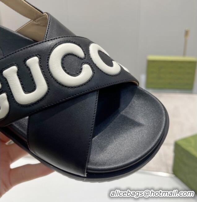 Best Grade Gucci Leather Strap Sandals with Gucci Script Black 620062