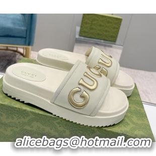 Hot Style Gucci Leather Slide Sandals with Gucci Script White 620063