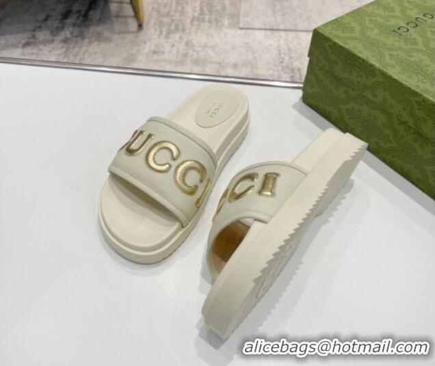 Hot Style Gucci Leather Slide Sandals with Gucci Script White 620063