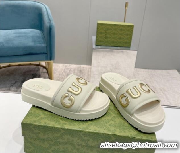 Hot Style Gucci Leather Slide Sandals with Gucci Script White 620063